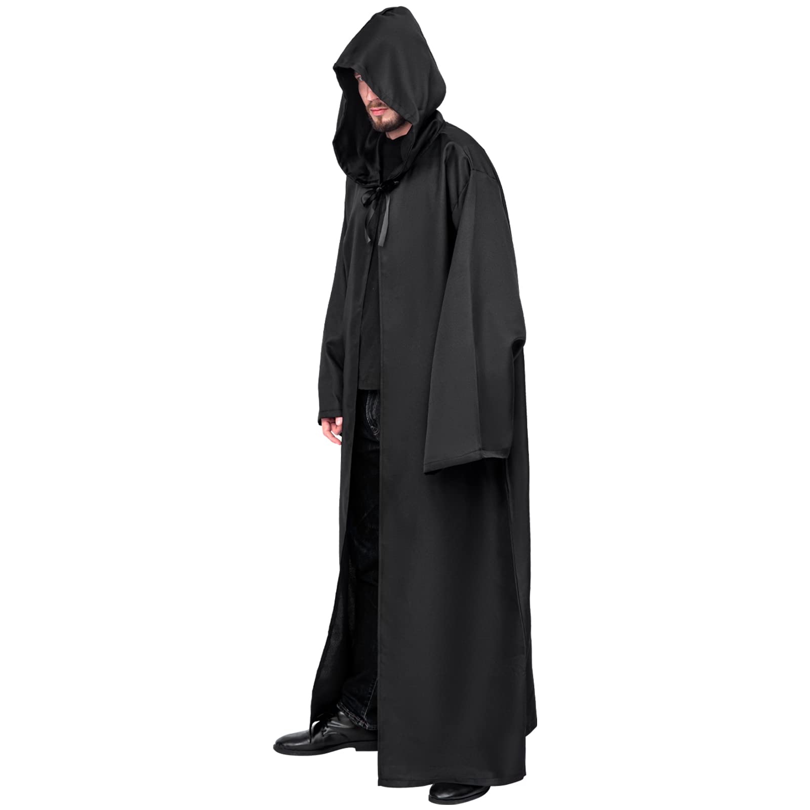 Myir JUN Mantello con Cappuccio per Adulti, Costume da Halloween Carnevale Robe Adulto Uomo Mantello Medievale Cosplay (XXL, Nero)