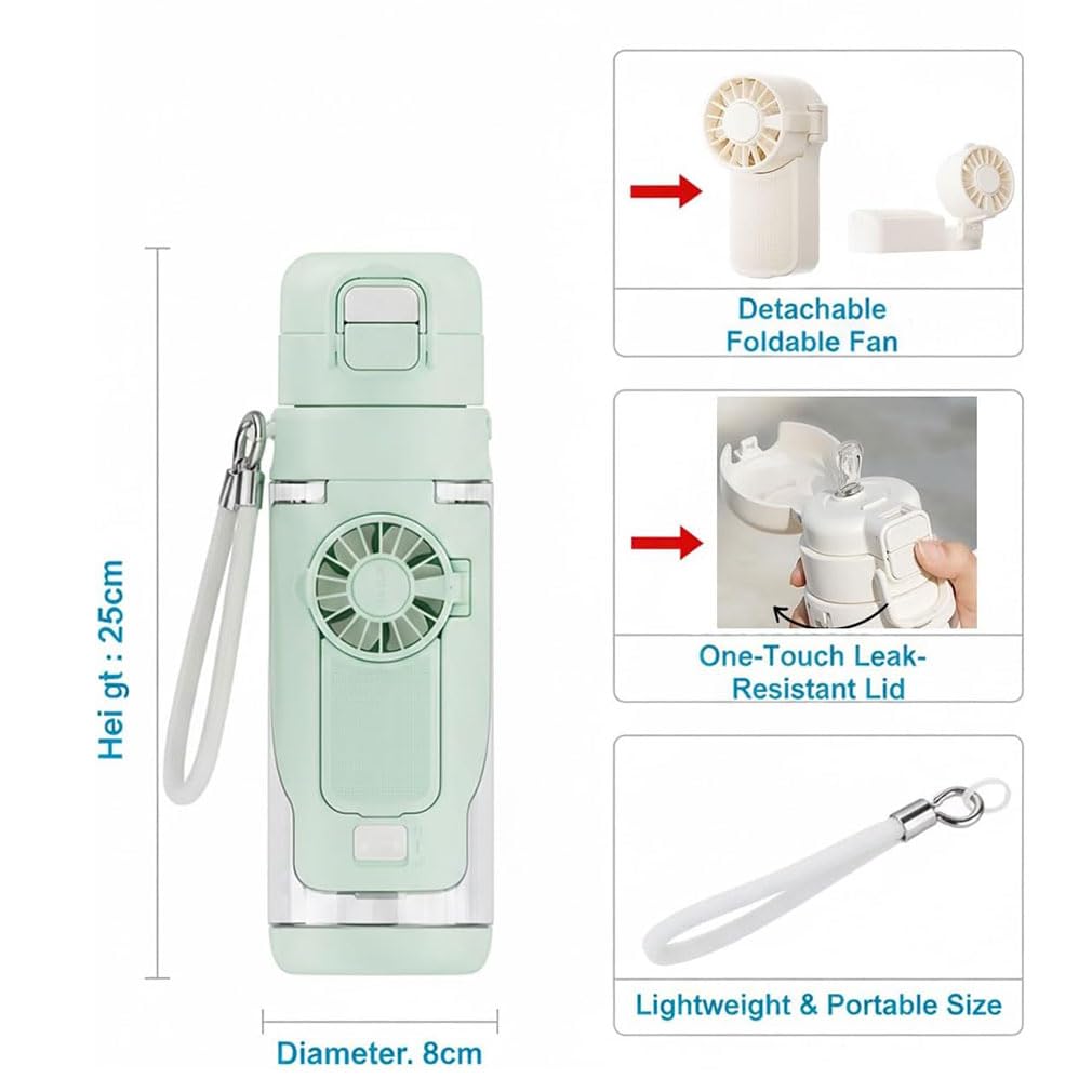 2-in-1 Water Bottle with Built-in Foldable Fan,Tragbare Doppel-Trinkflasche Kühlfunktion Wasserflasche mit Ventilator 3 Geschwindigkeitsstufen,Tragbarer Ventilator Trinkflasche für Reisen (Weiß)