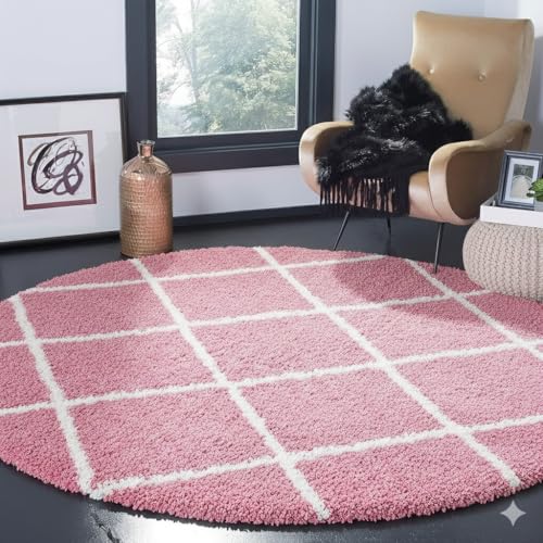 Image of Premium Antiskid Shaggy Carpet /Rug Plain Fur Rectangular Rugs,Soft Microfiber for Bedroom,Living Room,Kids Room,Hall etc (Pink Box, 5X5 FEET Round)