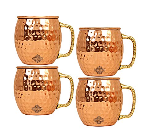 Indian Art Villa Pure Copper Round Shaped Bimbled Hammered Design Moscow Mule Beer Mug Cup, Best for Beer Cocktail Parties, Barware, Volume-20 Oz, Set of 4