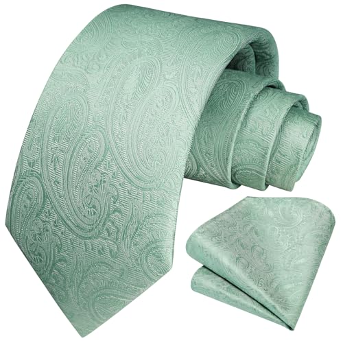 HISDERN Krawatte Grün Herren Hochzeit Paisley Krawatten und Einstecktuch Set Elegant Blumen Krawatte mit Taschentuch Business Party