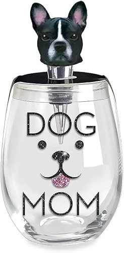 Wild Eye Designs Dog Mom Face Bulldog Francés 16 onzas vaso de vino sin tallo y tapón de botella