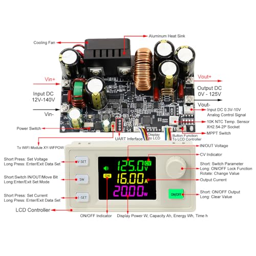 DC Buck Converter, 12V-140V to 0.5V-125V DC-DC Step Down Module CVCC Adjustable Buck Voltage Converter with LCD Controller2