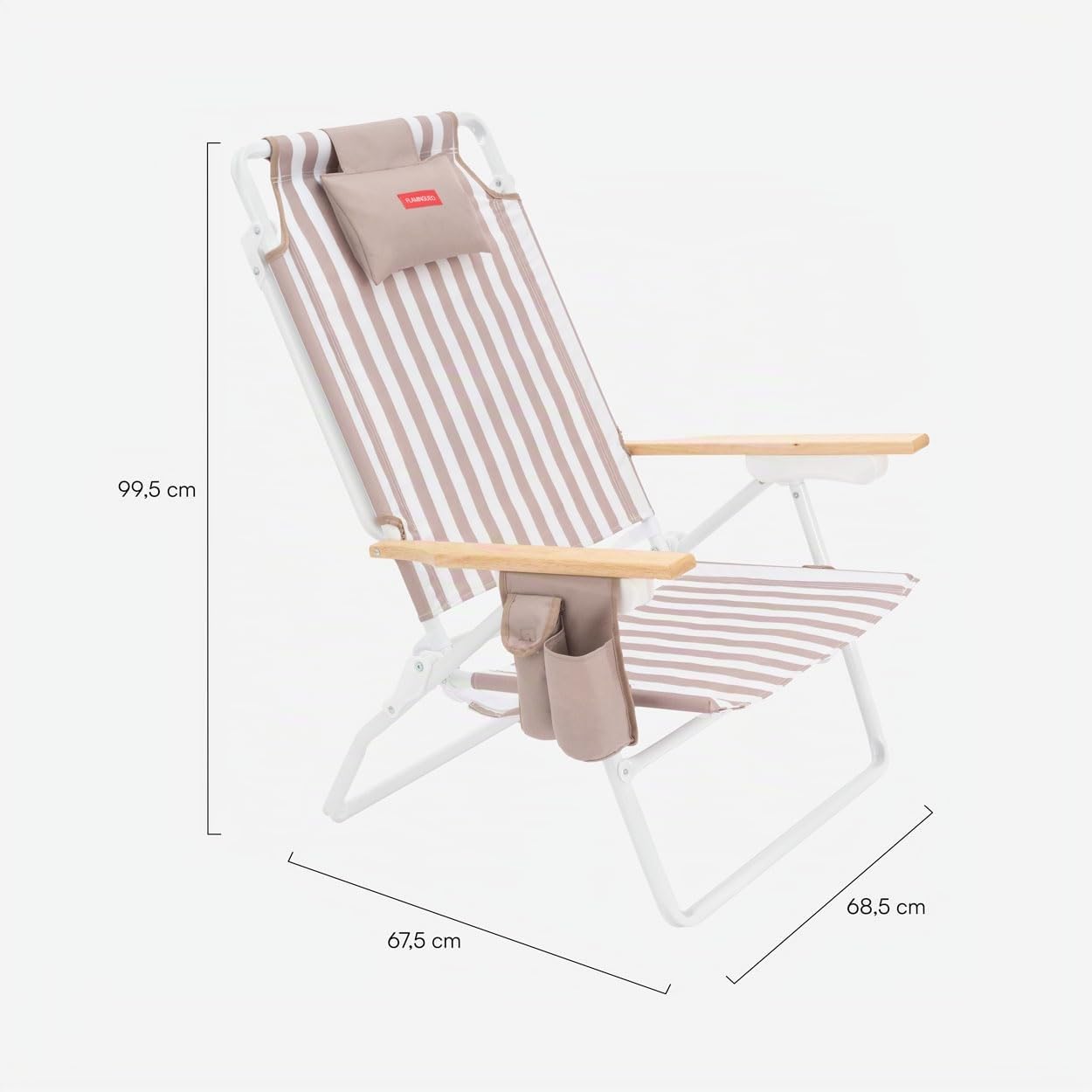Flamingueo Silla Playa Plegable - Reclinable 5 Posiciones - Bolsillo Insulado Frío - Bolsillo para Móvil - Asas Mochila - Almohada Ergonómica - Aluminio y Poliéster - Beige