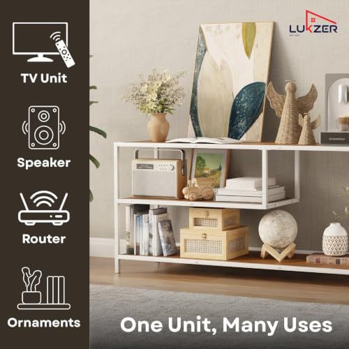 Image of Lukzer Metal & Engineered Wood TV Unit Stand Ideal for TVs Up to 43 Inch | MTU-001 /White + Oak Brown | Open Shelves for WiFi Router, Set-Top Box, Speakers & Decor | Living Room Storage Rack Organizer