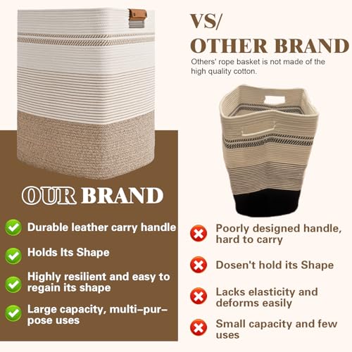 Image of Laundry Hamper, 85L Tall Laundry Basket with Leather Handles, Rectangle Large Clothes Hamper for Organizing, Cotton Woven Laundry Baskets Storage Hampers for Bedroom, Nursery, Living Room