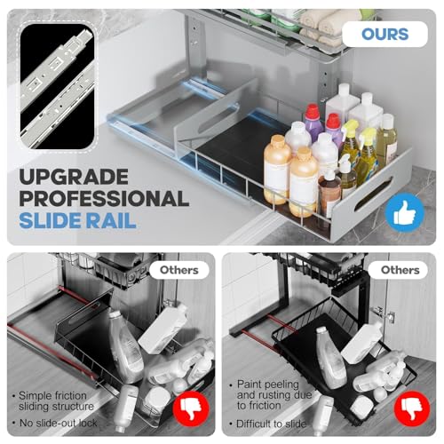 Image of Under Sink Organizer Upgrade To Professional Rails,2-Tier Dual Pull Out Cabinet Storage,Height Adjustable Slide Out Drawers For Bathroom Kitchen,2 Pack-14.5 inchDx12.8 inch-16.9 inchH,Gun Gray