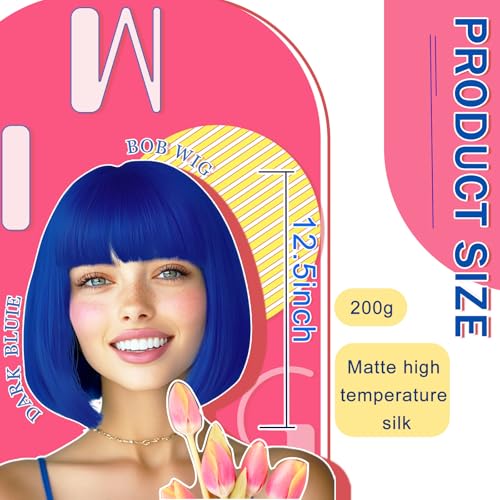 Image of LIULIUBTY Short Bob Hair Wigs Straight with Flat Bangs Synthetic Colorful Cosplay Daily Party Neon Wig for Women with Wig Cap 12 inch Natural As Real (Bob, Sapphire Blue)