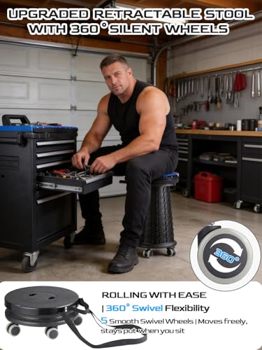 Image of 2026 Upgraded 3XL Rolling Collapsible Stool with Wheels | 1000lbs Capacity, 24-in Taller & 13-in Wider Retractable Stool for Adults, Thick Swivel Cushion & 5 Silent Casters, for Home, Garage, Kitchen