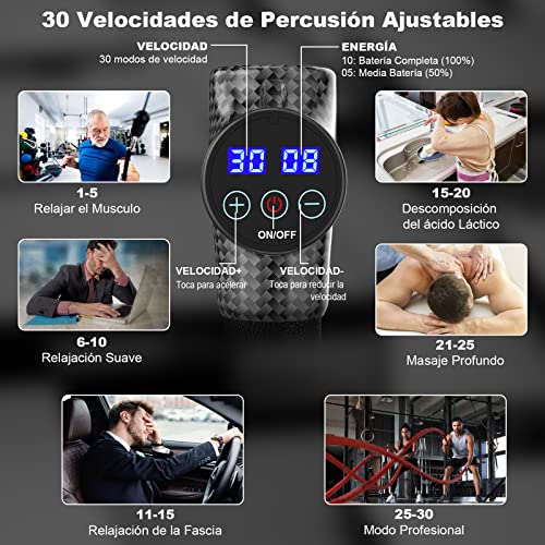 Pistola-de-Masaje-Muscular-Electrica-Masajeador-de-Musculos-de-Tejido-Profundo-con-30-Velocidades-6-Cabezales-de-Masaje-Pantalla-LCD-Tactil-Pistola-de-MasajeNegro-Carbon