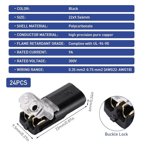 Image of Bellox 10pcs 2-Pin Cable Connector for 18-24AWG Wires, 2 Way Universal Compact Wire Terminals, 2 Pin Push-Type Connectors with Locking Buckle, Electrical Wire Jointer