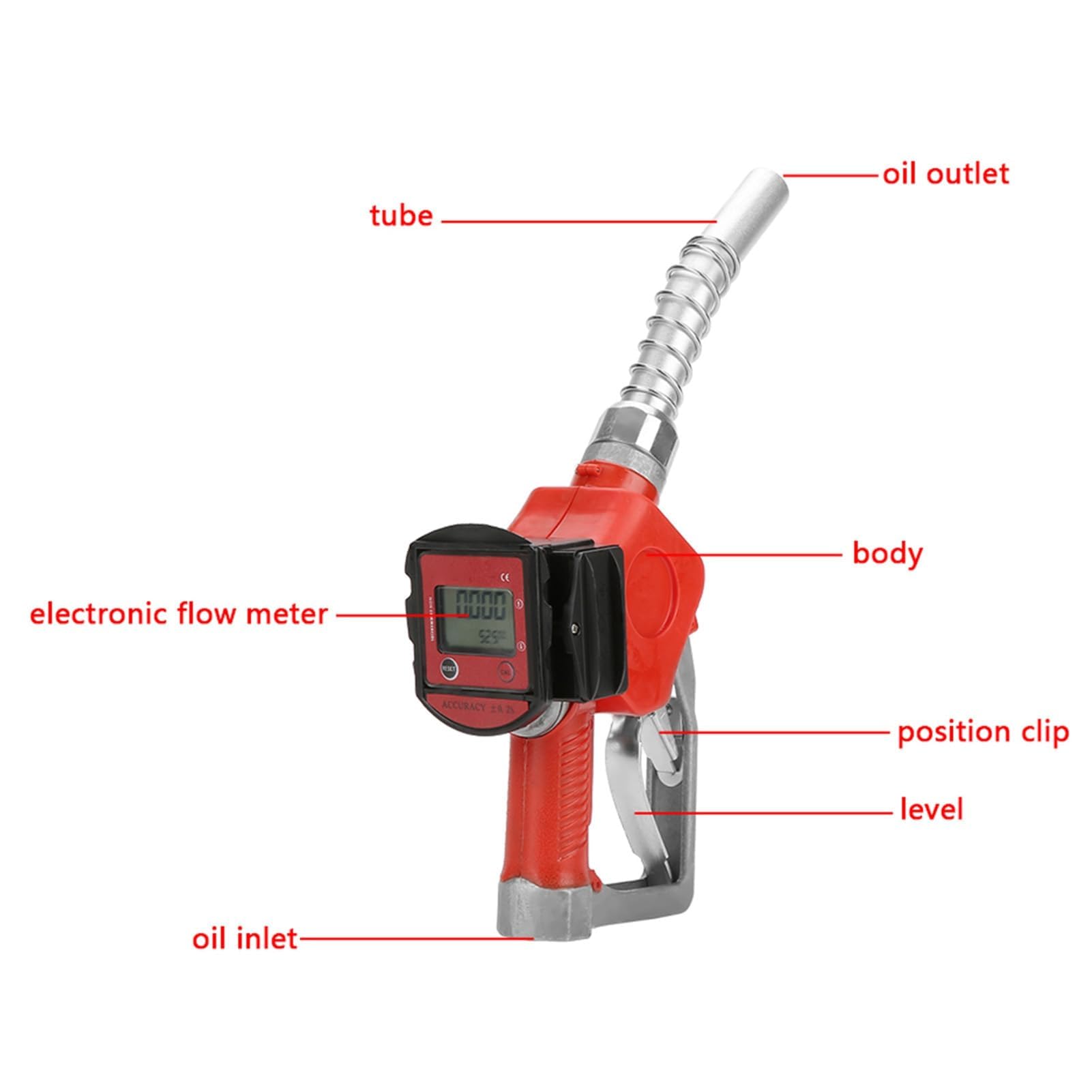 1in BSP Automatische Betankungsdüse K28 10-60 L/min Aluminiumlegierung Digitaler Durchflussmesser Benzin Zapfpistole 3-stellige Digitalanzeige Rot