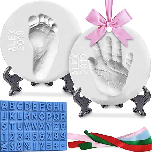 Luna Bean Baby Hand and Footprint Kit - Perfect Baby Keepsake Homemade Ornament Kits for Christmas - Baby Footprint Kit & Inkless Hand and Footprint Kit Holiday Gift - 2Pack W/ Ribbons & Easels
