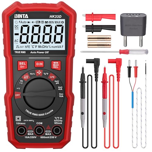 BINTA Digital Multimeter Auto-Range 6000 Count, AC/DC Voltage und Current, Widerstand, Kapazität, Frequenz, Temperatur, Durchgang, Diodentests, NCV, Live, HFE, mit LCD-Anzeige und Hintergrundlicht
