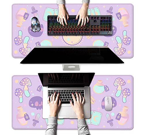 Image of Kawaii Goth Purple Desk Mat, Cute Pink Witch Mystic Mouse Pad, Girls Gamer Desk Pad, XXL Extra Large Gaming Mat, 35.4 x 15.7 in