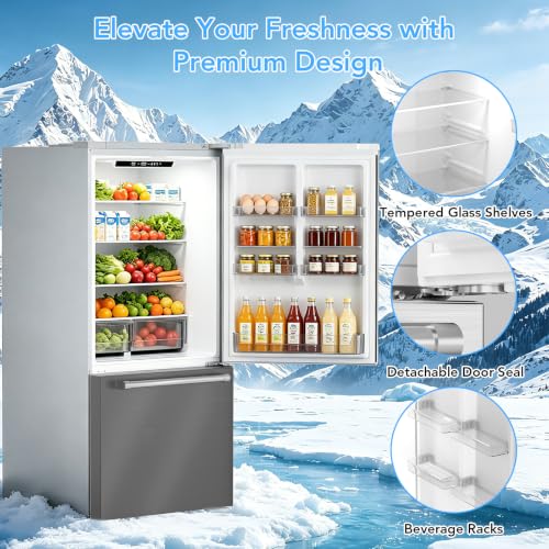 Image of Electactic 18 Cu. Ft. French Refrigerator, 2-Door French Door Refrigerator with Built-in Ice Maker, Digital Temperature Control with Bottom Mount Freezer Drawer for Kitchen Commercial-Grey