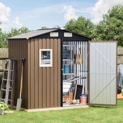 Breezz 6x4FT Outdoor Steel Storage Shed, Lockable Doors, Compact Metal Tool Shed for Garden, Backyard, Patio, Utility, and Bike Storage,Brown