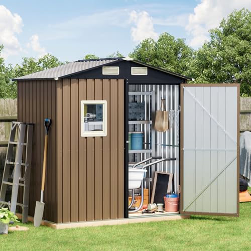 Image of Breezz 6x4FT Outdoor Steel Storage Shed, Lockable Doors, Compact Metal Tool Shed for Garden, Backyard, Patio, Utility, and Bike Storage,Brown
