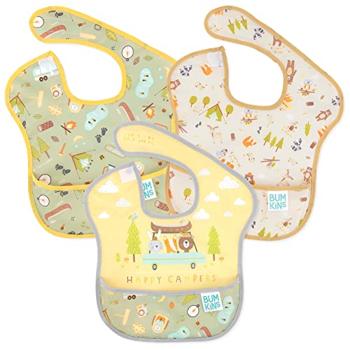Image of Bumkins Bibs for Girl or Boy, SuperBib Baby and Toddler 6-24 Months, Essential Must Have for Eating, Feeding, Baby Led Weaning Supplies, Mess Saving Catch Food, Waterproof Fabric 3-pk Happy Campers