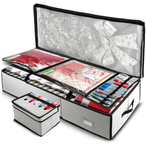 Image of Hearth & Harbor Wrapping Paper Storage Container - Christmas Storage Bag with Ribbon Dispenser and Interior Pockets - Gift Wrap Organizer Fits Up to 26 Rolls of 40 inch Length, Silver