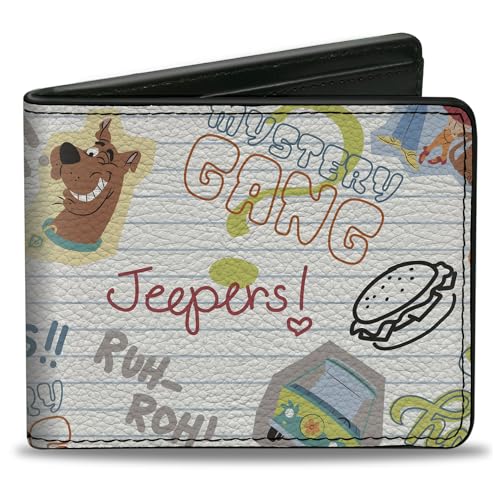 Scooby Doo Wallet, Bifold, Scooby Doo Notebook Doodles Collage White Multi Color, Vegan Leather