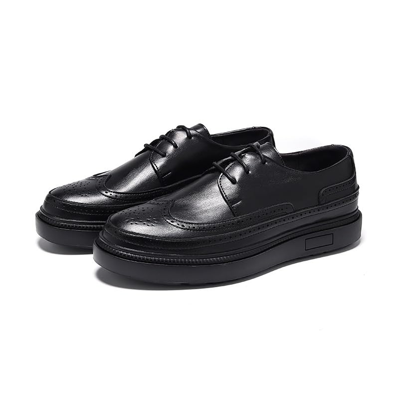 Men's Leather Lace Up Platform Block Heel Business Oxford Shoes Fashion Classic Pointed Toe Low Top Leather Dress Shoes for Men
