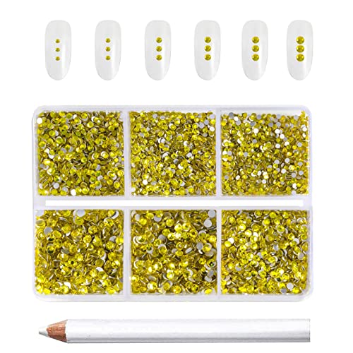 Beadsland 7200 Pcs Flatback Rhinestones for Nails,Yellow Round Small Crystal Glass Rhinestones Gems for Crafts,Mixed 6 Sizes with Wax Pencil Kit,SS3-SS10,Citrine/Lemon Yellow