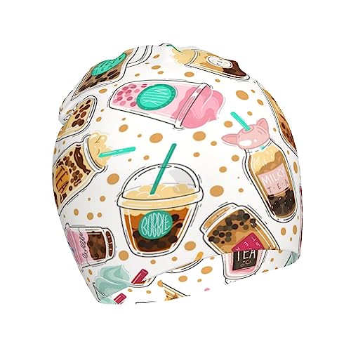 Rqzwdq Cute Cartoon Bubble Tea Pattern Kids Beanie Hats Warm Knit Beanie Cap Skull Caps Gifts Decor for Boys Girls White