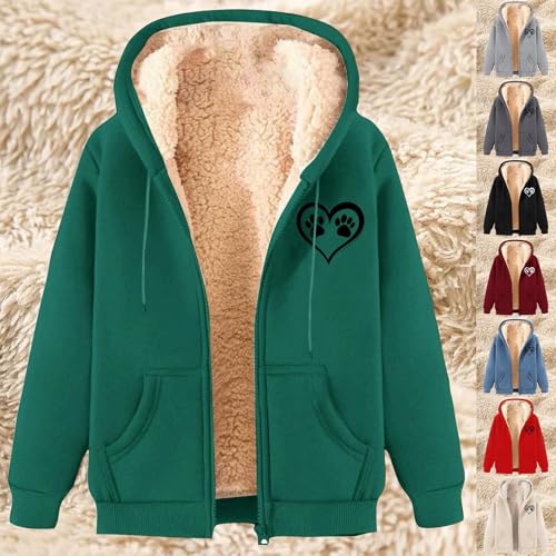 Ybing Sweatjacke Damen Herz Hundepfoten Druck Sweatshirt Jacke Warm Fleece Gefütterte Zip Hoodie Casual Fleecejacke mit Kapuze Reißverschluss Winterjacke Leichte Sportjacke Langarm Freizeitjacke