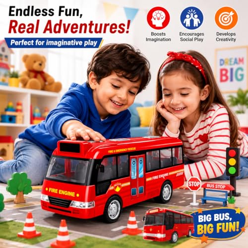 Image of PLUSPOINT Fire Rescue Bus Toy for Kids | Friction Powered Push & Go Vehicle with Lights, Sounds & Opening Doors | Durable Rescue Bus Pretend Play Toy for Boys, Girls & Toddlers