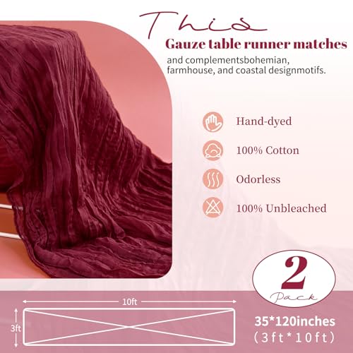 Pesonlook 2 Pack Burgundy Cheesecloth Table Runner 10FT, 35x120 Inch Rustic Gauze Fabric Boho Table Runner for Wedding Baby Shower Birthday Bridal Party Decorations Table Decorations(Burgundy) - Cosy Home Interiors Pesonlook 2 Pack Burgundy Cheesecloth Table Runner 10FT, 35x120 Inch Rustic Gauze Fabric Boho Table Runner for Wedding Baby Shower Birthday Bridal Party Decorations Table Decorations(Burgundy) - Image 2