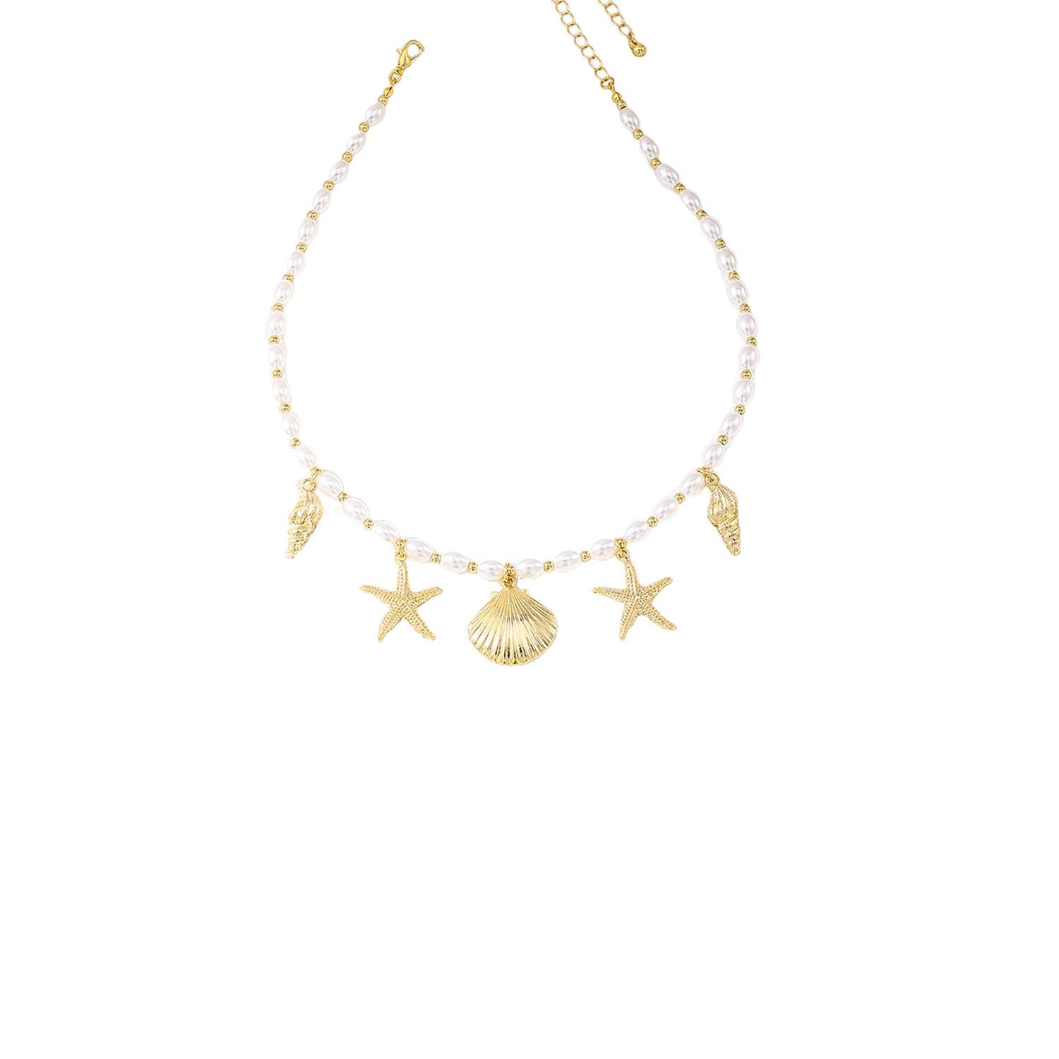 Decixde Beach Charm Necklace for Women Starfish Shell Conch Charm Necklace Ocean Animal Choker Necklaces Summer Necklaces for Women