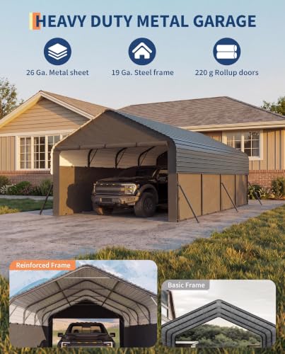 Image of GarveeLife 12x20x9 ft Metal Carport, Enclosed Car Ports | Removable 220 g Tarp / Gable End Doors and Sidewalls, for Full-Size Pickup Trucks, Bass Boats, and Tractors