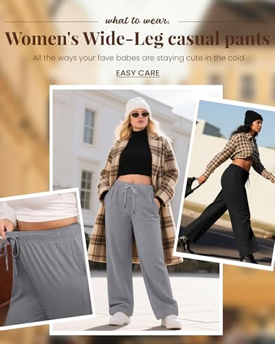 Huukeay 3 Pack Women Plus Size Pants, Straight Wide Leg Lounge Pants Drawstring Elastic Casual Loose Trousers with Pockets2