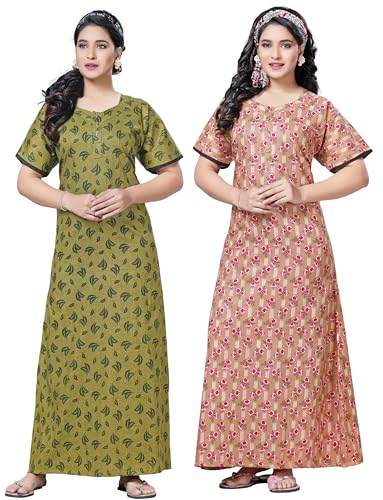 Image of Keyocean Women's Cotton Printed Nighty Night Gown Maxi Free Size (Pack of 2) Green & Chikoo