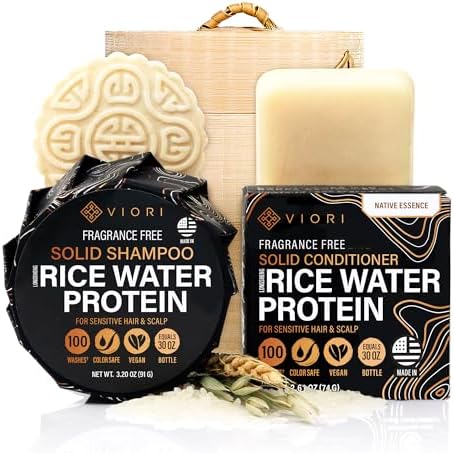Viori Native Essence Shampoo and Conditioner Bar Set and Bamboo Holder - Made with Rice Water for Hair Growth - Handcrafted Sulfate Free Shampoo and Conditioner