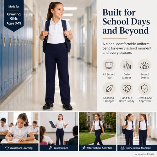 Image of Bienzoe Adjustable Waist Girls Pants: School Uniform Straight Leg | Growing kids Aged 3-13, Classroom, Campus Activities, Adjustable Fit Support, Private Academy Events, Soft Comfort, Easy Care