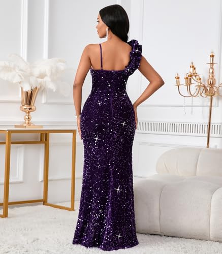 Image of Cololura Women Sexy Elegant Sequin High Split Ruffled Hem Mermaid Party Cocktail Bodycon Formal Evening Gowns Maxi Dress