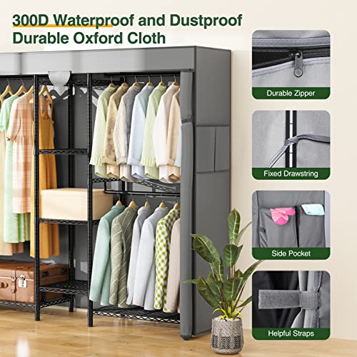 Lehom G6C Heavy Duty Clothes Rack With Cover, Wire Garment Rack For Hanging Clothes, Compact Closet Storage Clothing Rack With Gray Oxford Fabric Cover, Adjustable Hanging Clothes Racks For Bedroom #TOP3