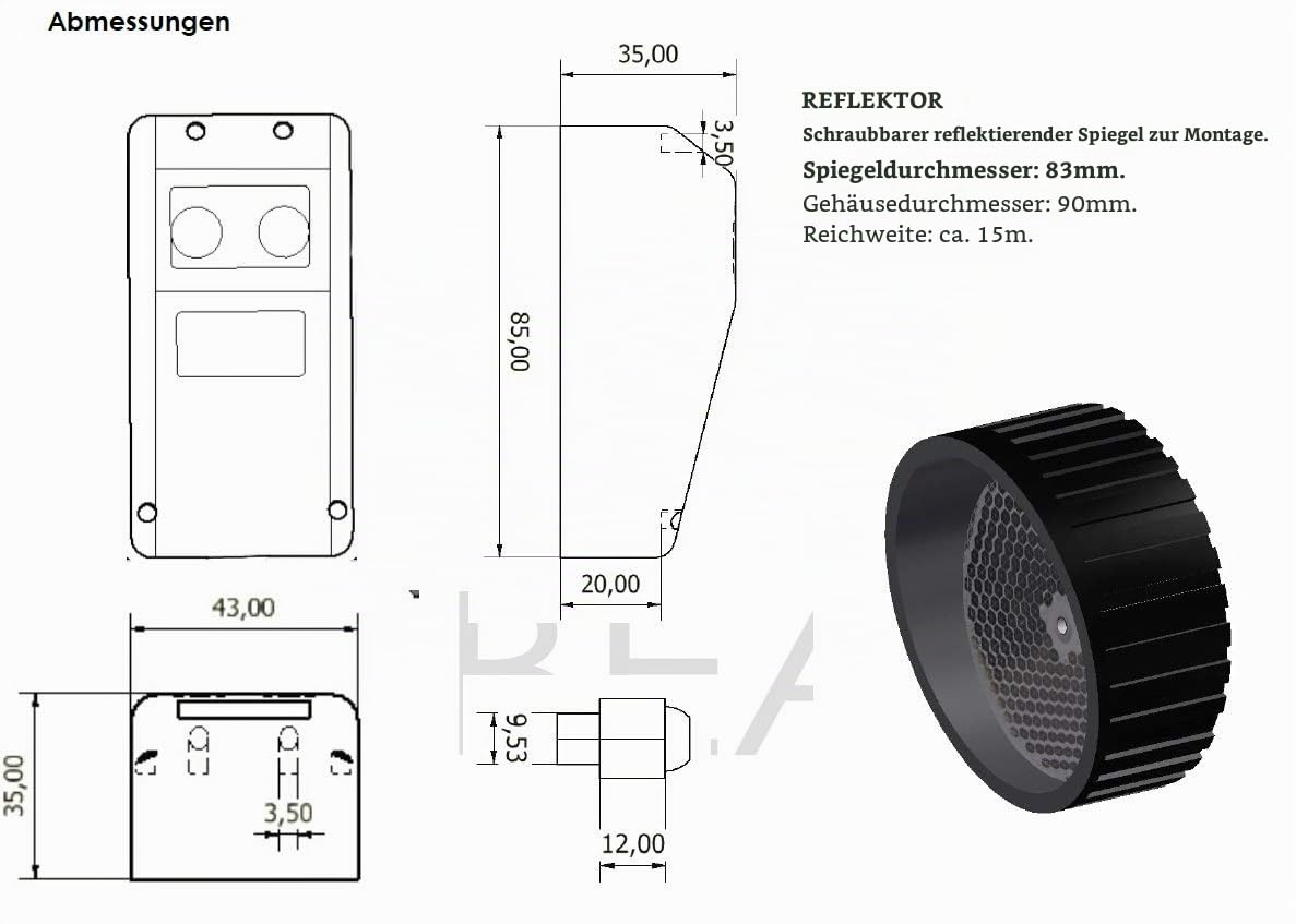 Schartec Reflexionslichtschranke universal kompatibel auch für z.B. Hörmann, Sommer, Came, Nice, Bft, Berner usw. Lichtschranke mit Reflektor 2-Draht und 4-Draht