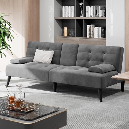 Image of Shintenchi Futon Sofa Bed, Velvet Foldable Couch, Reclining Sleeper with Removable Armrests, Upholstered Loveseat Sofa Couch with Folding Cup Holders for Home, Office, Gray