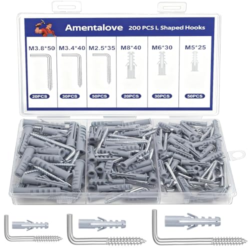 Amentalove 200 Piezas Ganchos de Tornillo en L, Ganchos de Pared para Atornillar Ganchos en L Galvanizados Blancos L Ángulo Recto Tornillos de Gancho con Tubos de Expansión 3 Tamaños para Casa Tazas
