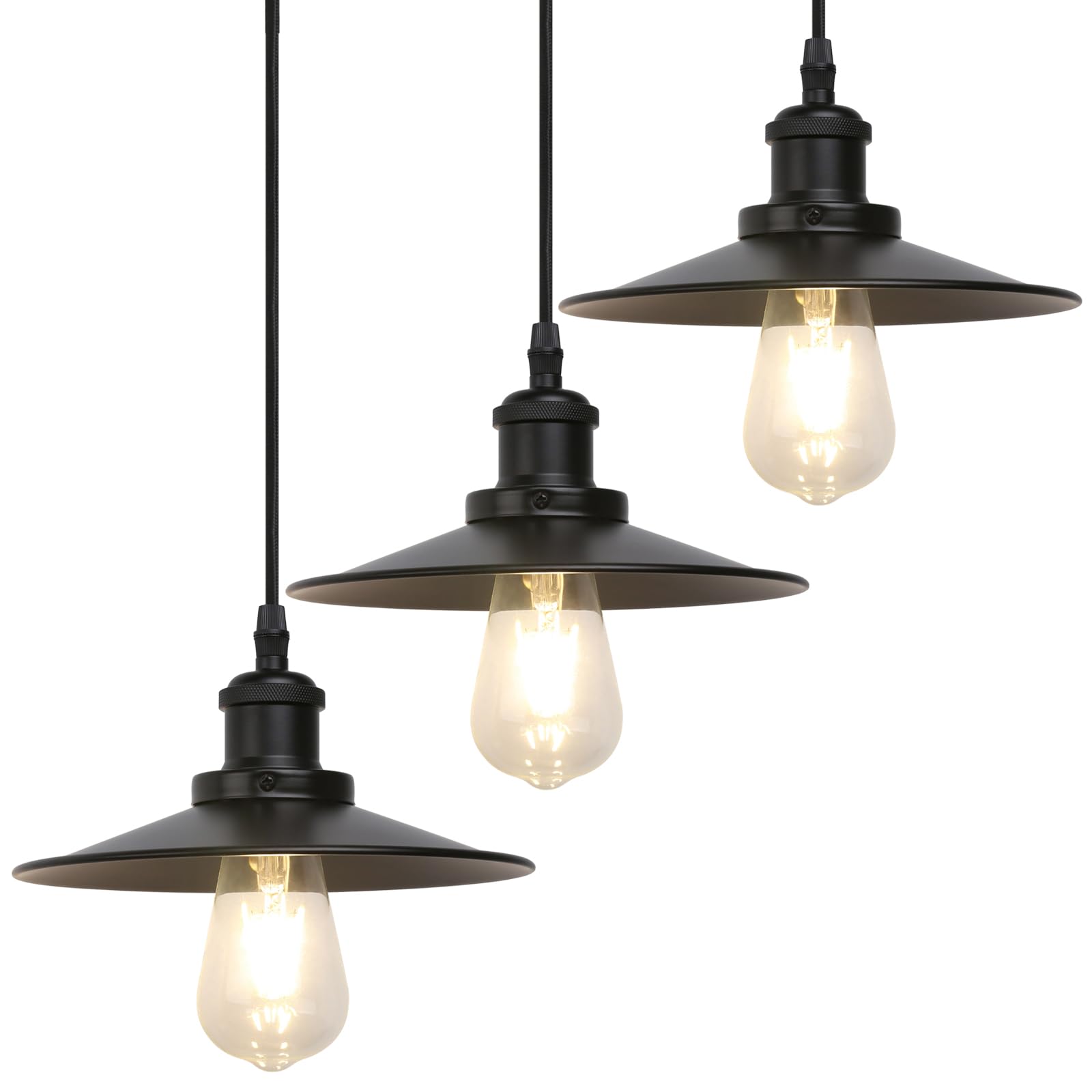 Phansthy Set of 2 Vintage Pendant Light with Switch Metal Dome Lampshade Hanging Lamps Ceiling Fitting Light Fixtures E27 Bulbs Brushed Steel Head Finish (3 Pack Black)