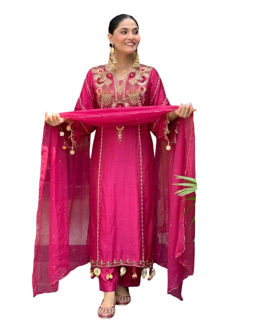 Embroidered Polyviscos Kurta Set with Pant Cotton Inner and Chanderi Dupatta-picture-21