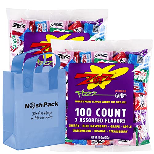 Zotz Fizzy Candy Zots Candies, 200 Pieces Bulk Pack Assorted Flavors Fizz Candy, Cherry Blue Raspberry Grape Apple Watermelon Orange and Strawberry, with Nosh Pack Candy Bag