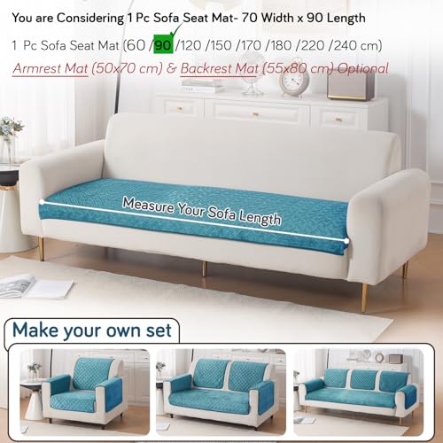 Image of HOKIPO Velvety Quilted Anti-Slip Sofa Cover Mats for L-Shape & 1 /2 / 3 Seater Sofa |DIY Sofa Cover Set, 'Softline Quilted Series' 70(W) x 90(L) cm | Teal Blue (AR-6314-BL)