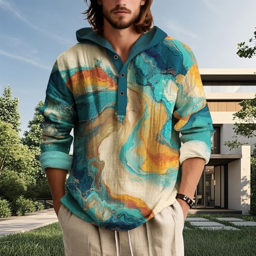 Mens Graphic Henley Hoodies Long Sleeve Camo USA Flag Hooded Sweatshirt Oversized Button Down Hoodie Tie-dye Shirts2