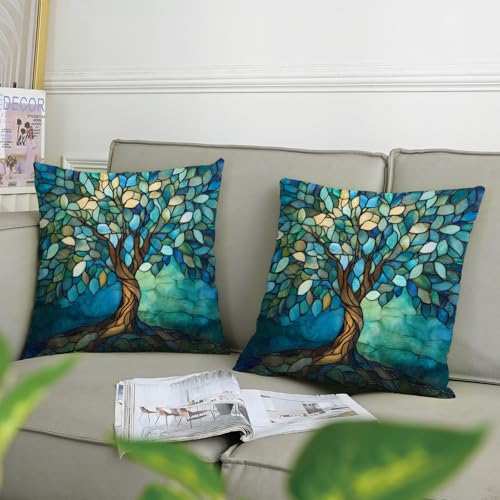 Stained Glass Tree Throw Pillow Covers, Spring Nature Scenic Zippered Velvet Kit