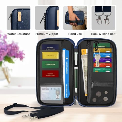 Image of Travel Passport Holder Cover with Shoulder Strap | Compact Organizer Bag for Document, Passport, Cards, Boarding Pass, Cash, Cheque Book & Keys for Men and Women (Blue)