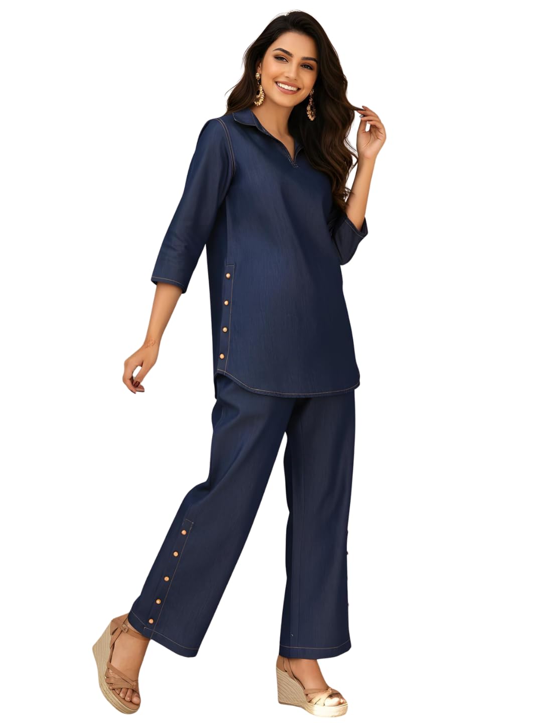 Women's Navy Denim Co-ord Set with Stitchline Detailing | Collared 3/4 Sleeve Shirt with Button Trim Trousers | Casual Denim Co-ord for Daily, Casual, Vacation & Travel Wear-image-24